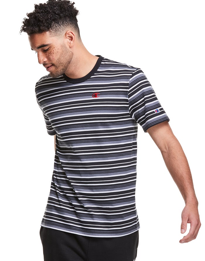 Tricou Champion Yarn-Dye Stripe C Logo Barbati Negrii/Gri - Romania GSEVTFC-39